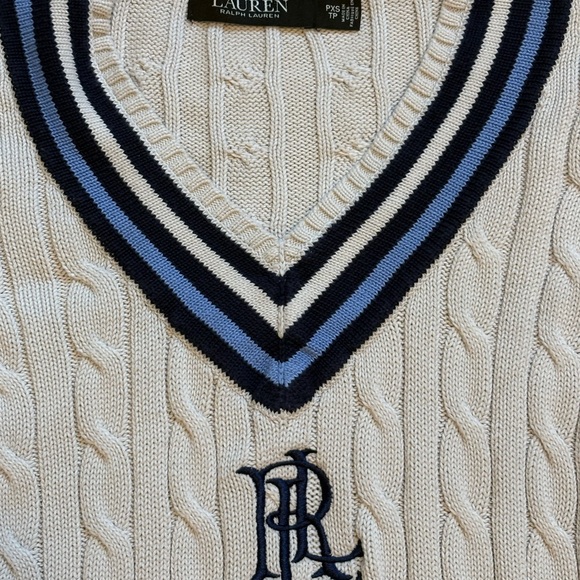 Lauren Ralph Lauren black label white & blue cable knit cricket sweater, sz PXS - Picture 3 of 6